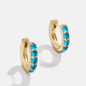 18K Gold Birthstone Huggie Earrings - Blue Zircon