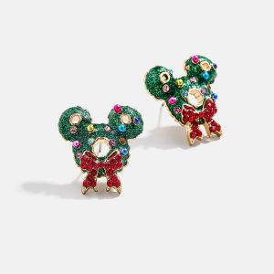 Disney Mickey Mouse Jolly Fir Holly Earrings - Holiday Wreath Delicate Stud Earrings