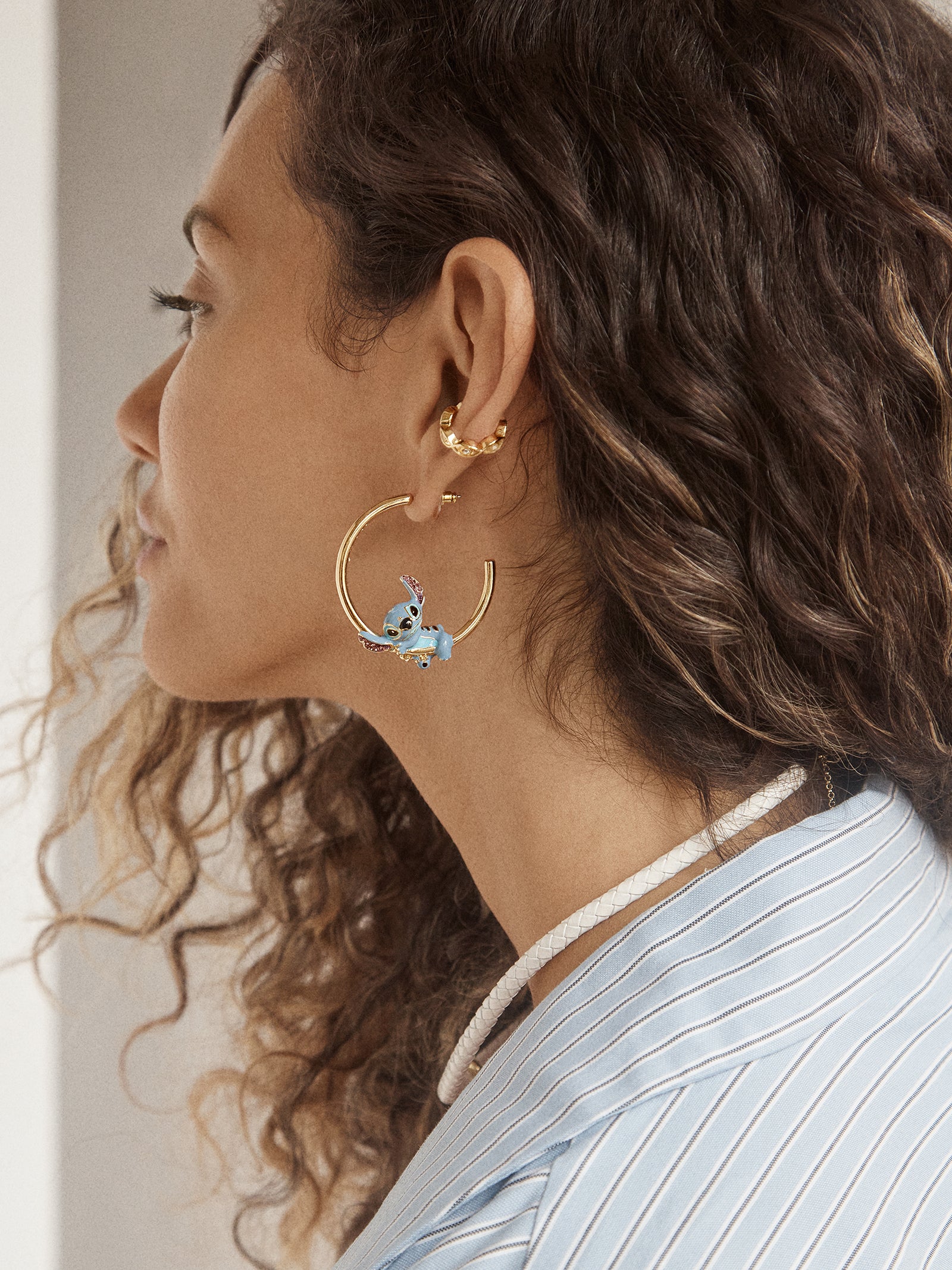 Disney Stitch 3D Hoop Earrings - Gold/Blue - Image 2