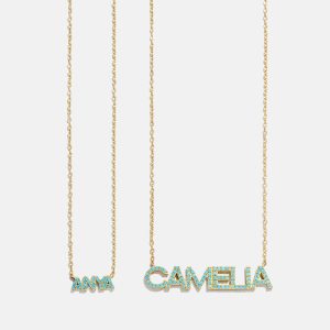 18K Gold Semi-Precious Custom Nameplate Necklace - Turquoise