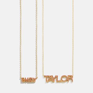 18K Gold Birthstone Custom Nameplate Necklace - Garnet