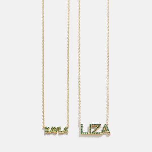 18K Gold Birthstone Custom Nameplate Necklace - Emerald