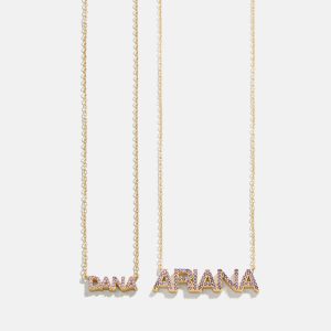 18K Gold Birthstone Custom Nameplate Necklace - Light Amethyst